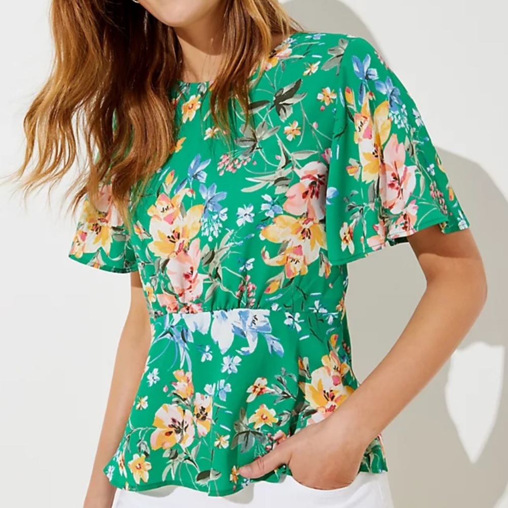 LOFT Floral Green Peplum Top- Size 8